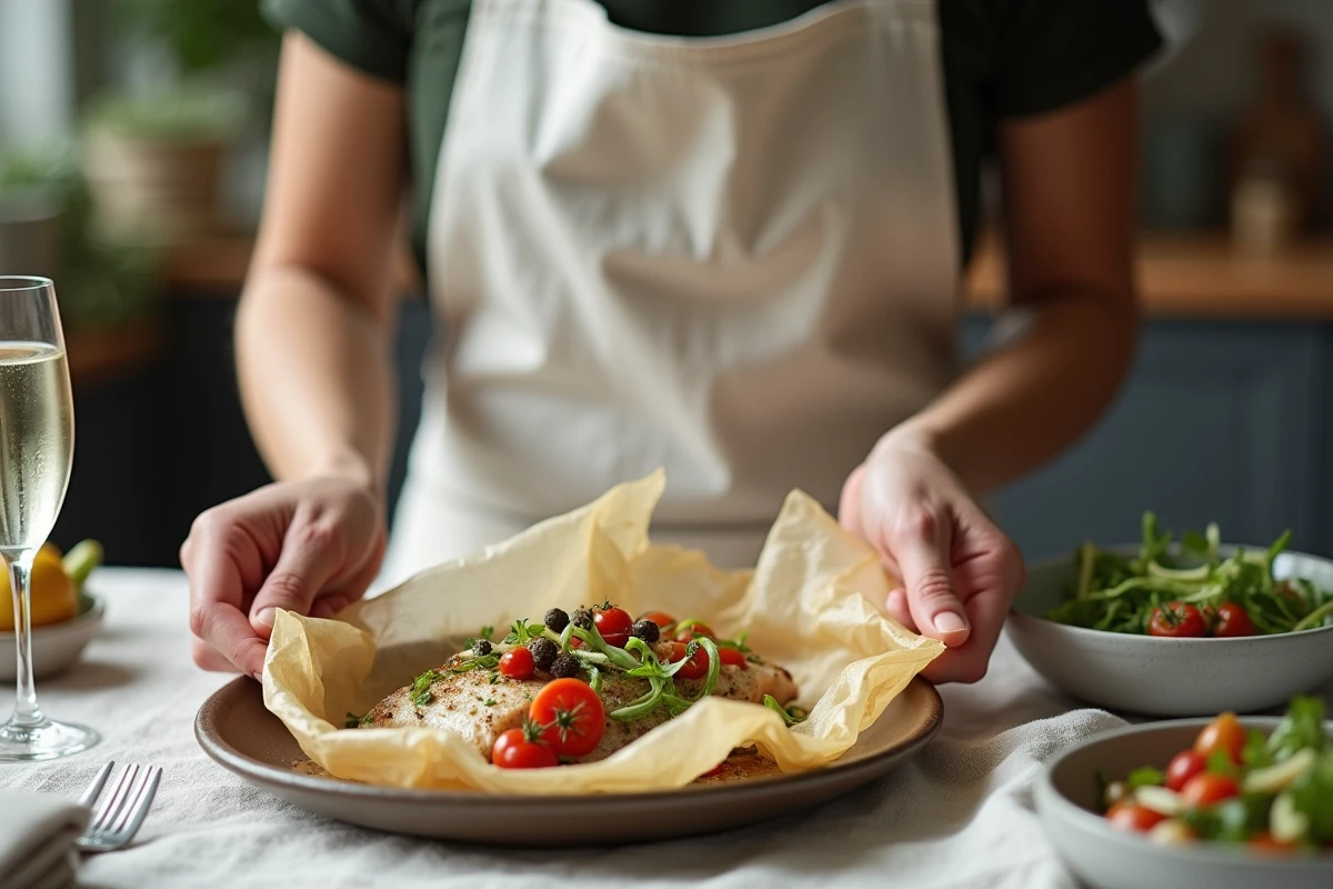 Femme ouvrant une papillote de poisson vapeur sur une assiette élégante, recette minceur goûteuse avec légumes colorés