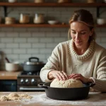 Femme en pull tricoté façonnant un pain rustique dans une cuisine chaleureuse