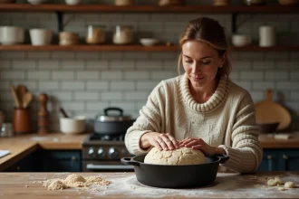 Femme en pull tricoté façonnant un pain rustique dans une cuisine chaleureuse
