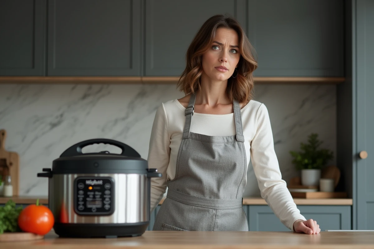 Femme perplexe devant son Cookeo affichant une erreur, tenant un torchon dans une cuisine moderne