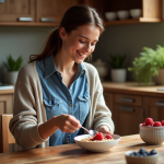 Femme préparant un bol d'avoine aux fruits dans une cuisine chaleureuse