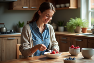 Femme préparant un bol d'avoine aux fruits dans une cuisine chaleureuse