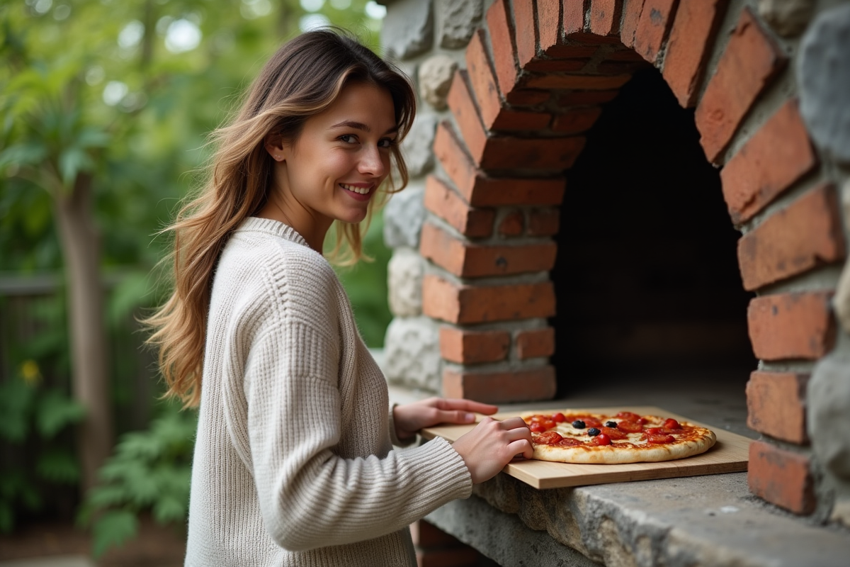 Femme souriante glissant une pizza dans un four à pizza extérieur