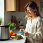 Femme préparant des légumes frais avec un robot soupe dans une cuisine moderne