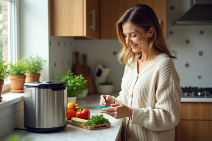 Femme préparant des légumes frais avec un robot soupe dans une cuisine moderne