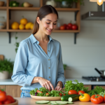 Jeune femme préparant une salade colorée dans la cuisine