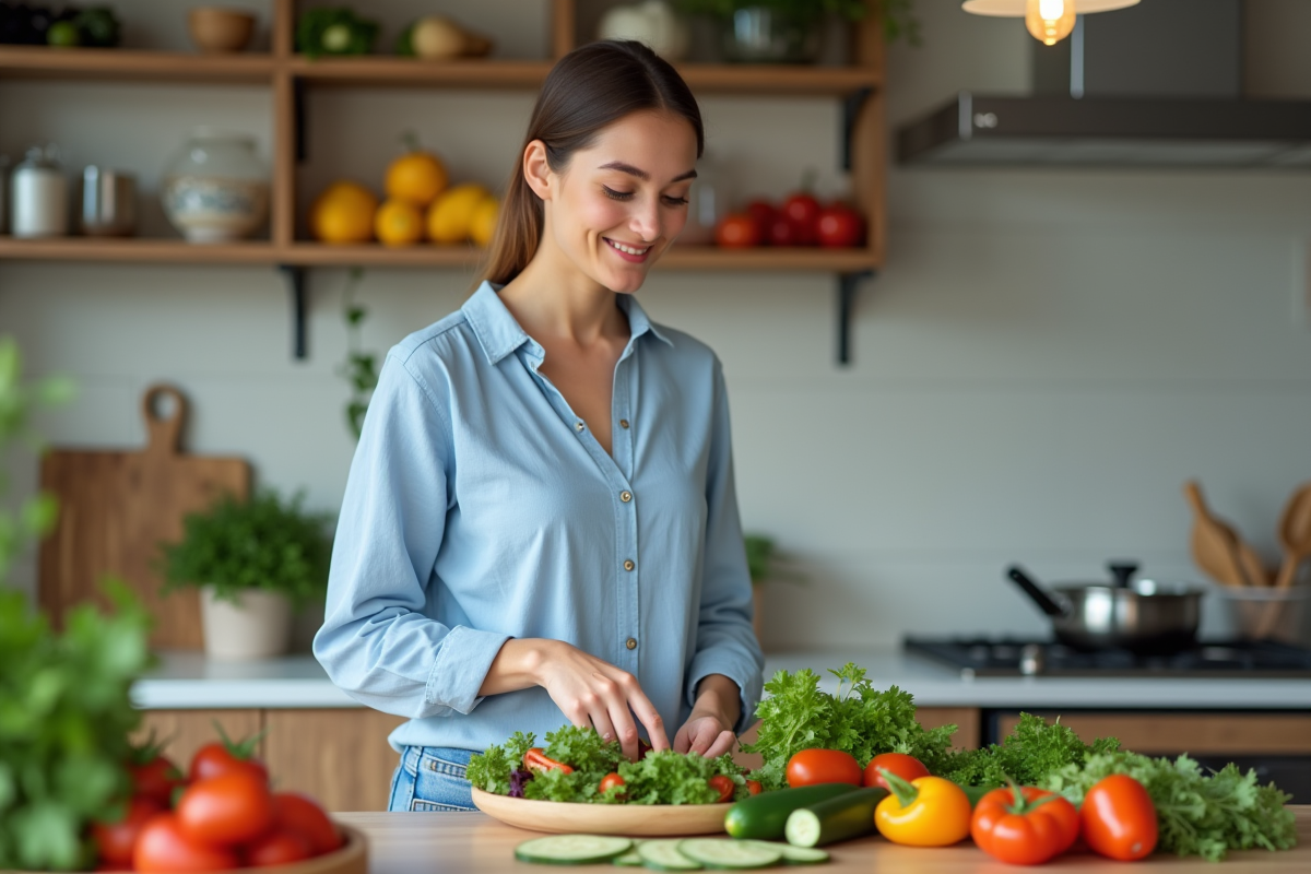 Jeune femme préparant une salade colorée dans la cuisine
