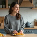 Femme souriante préparant des pommes de terre dorées dans la cuisine