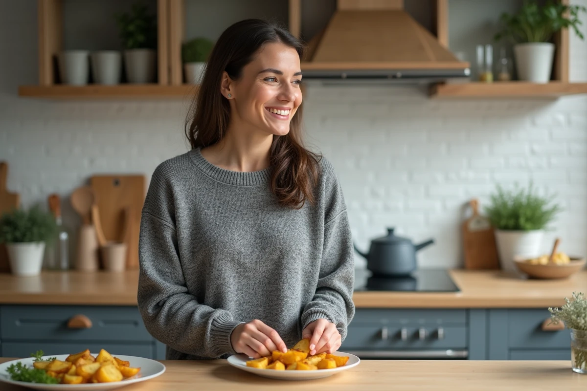 Femme souriante préparant des pommes de terre dorées dans la cuisine