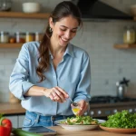 Femme en cuisine préparant une salade saine et équilibrée
