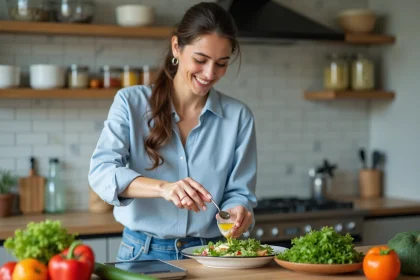 Femme en cuisine préparant une salade saine et équilibrée