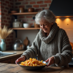 Femme québécoise servissant une poutine dans une cuisine chaleureuse