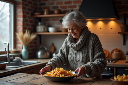 Femme québécoise servissant une poutine dans une cuisine chaleureuse