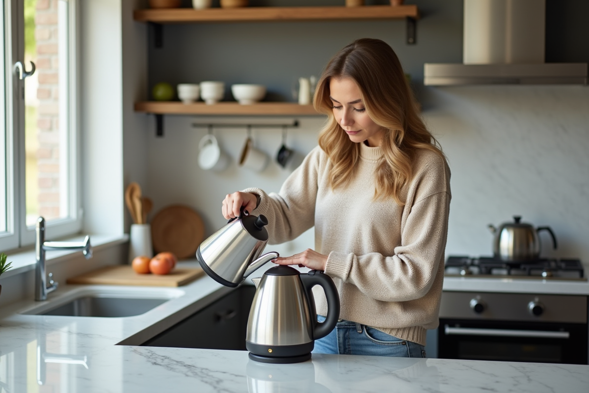 Femme versant de l'eau dans un kettle moderne dans une cuisine lumineuse