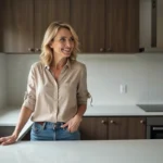 Femme dans sa cuisine rénovée inspectant le plan de travail