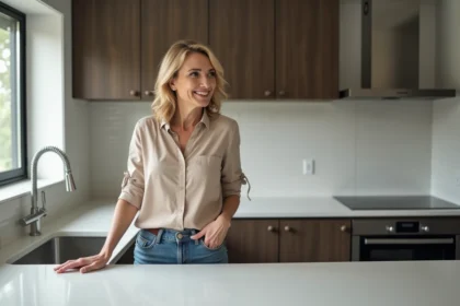 Femme dans sa cuisine rénovée inspectant le plan de travail