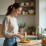 Femme souriante préparant un repas équilibré dans la cuisine