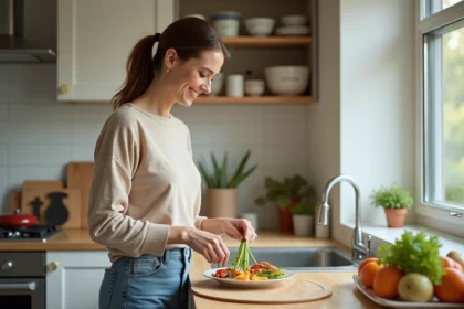Femme souriante préparant un repas équilibré dans la cuisine