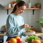 Femme préparant une salade colorée dans une cuisine moderne