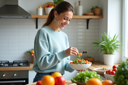 Femme préparant une salade colorée dans une cuisine moderne
