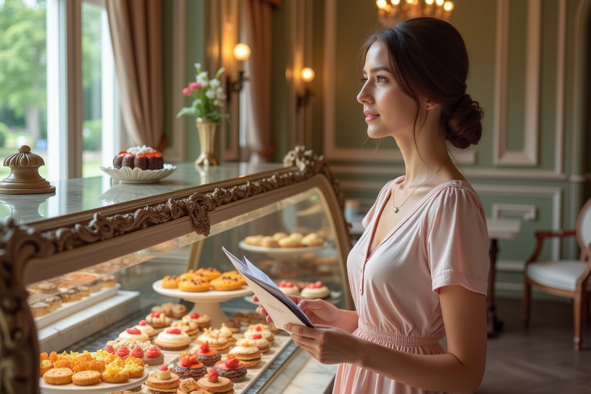 Jeune femme dégustant des pâtisseries au salon du chateau