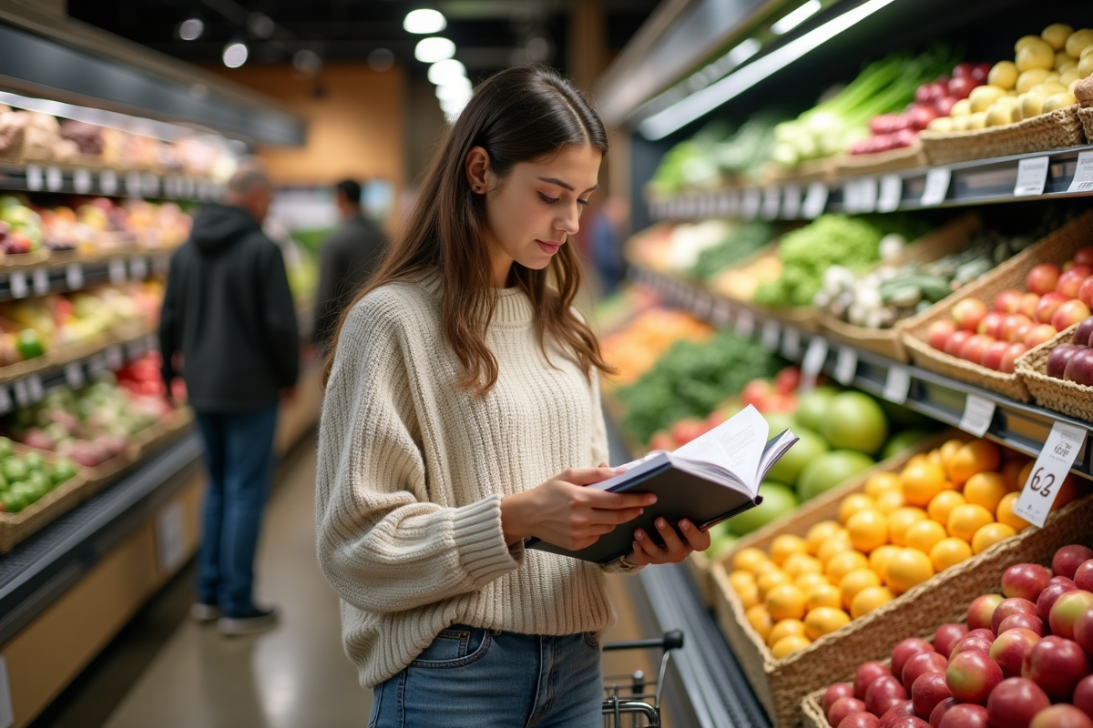 Femme faisant ses courses avec un journal de nutrition dans le rayon fruits