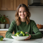 Femme souriante mangeant du brocoli dans la cuisine moderne