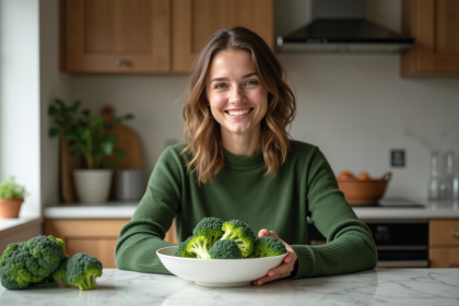 Femme souriante mangeant du brocoli dans la cuisine moderne