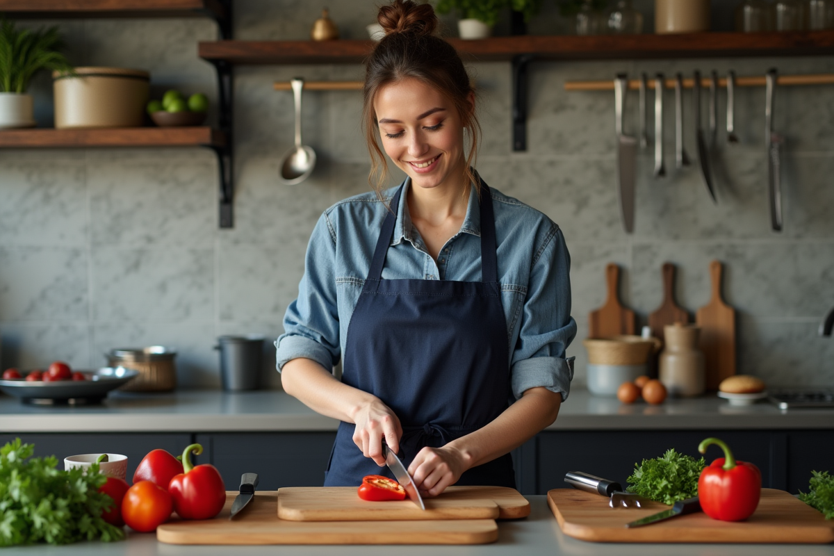 Jeune sous-chef dicing des poivrons dans une cuisine moderne