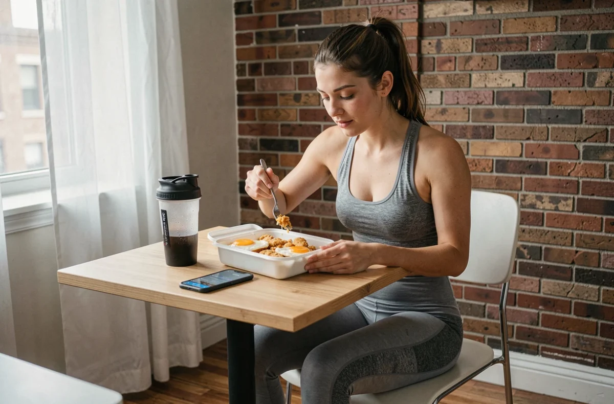 Femme sportive mangeant des œufs au plat dans son appartement dans le cadre d'un régime musculation riche en protéines