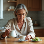 Femme d'âge moyen versant du thé aux herbes dans une cuisine moderne