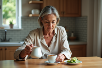 Femme d'âge moyen versant du thé aux herbes dans une cuisine moderne