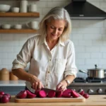 Femme tranchant une betterave rouge en cuisine moderne