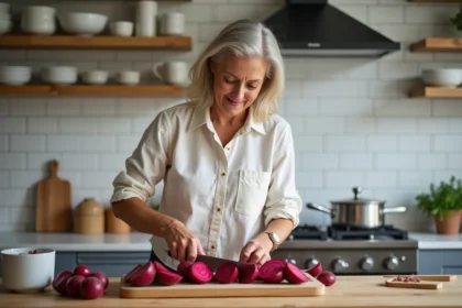 Femme tranchant une betterave rouge en cuisine moderne