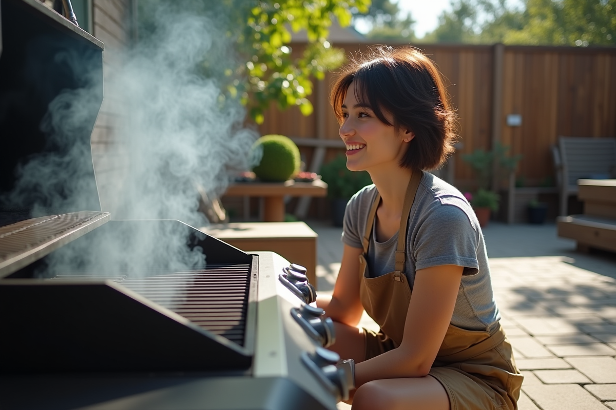 Femme surveille la fumee du barbecue dans le jardin