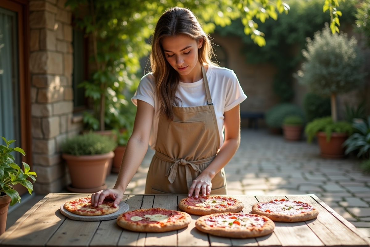 Jeune femme inspectant différents types de pierres à pizza en extérieur