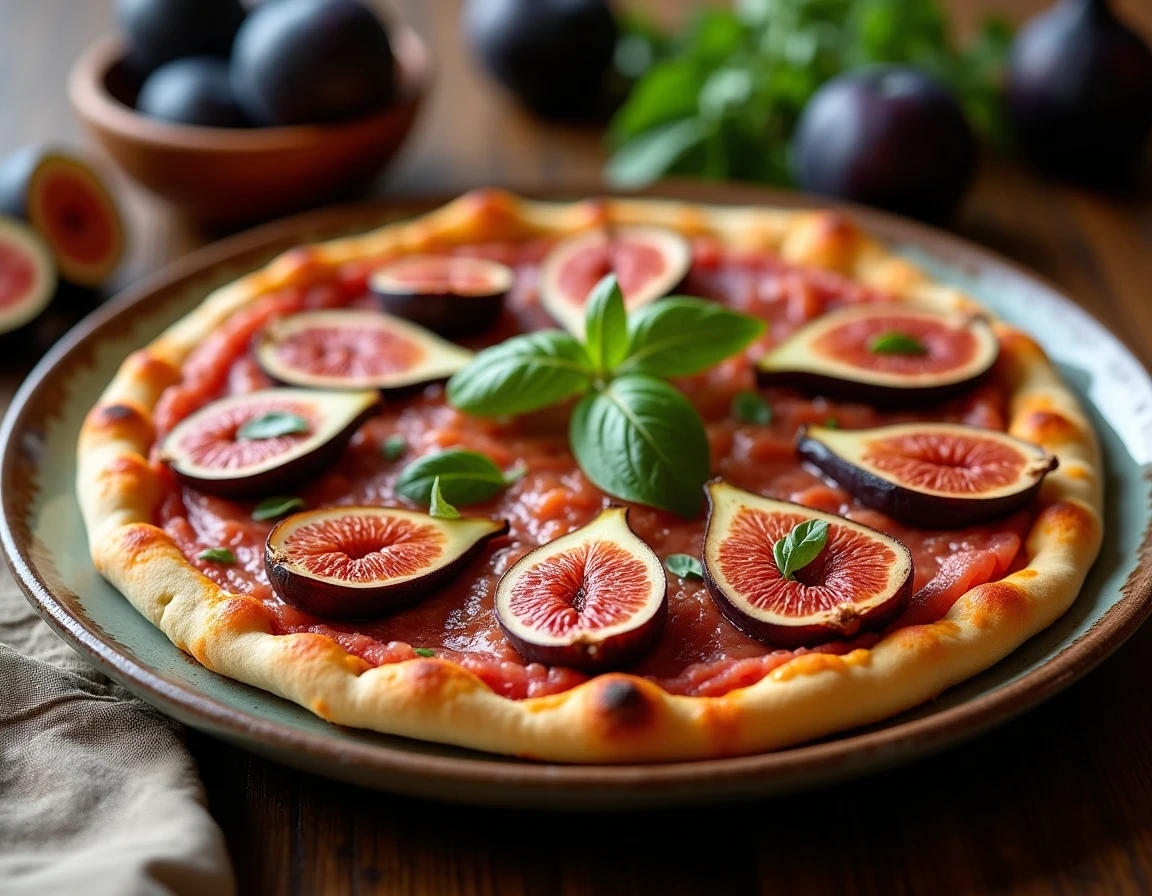 Pizza margherita garnie de figues fraîches coupées et de fines tranches de coppa
