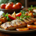 Filet de poisson grillé avec légumes colorés et pommes de terre