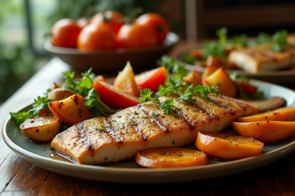 Filet de poisson grillé avec légumes colorés et pommes de terre