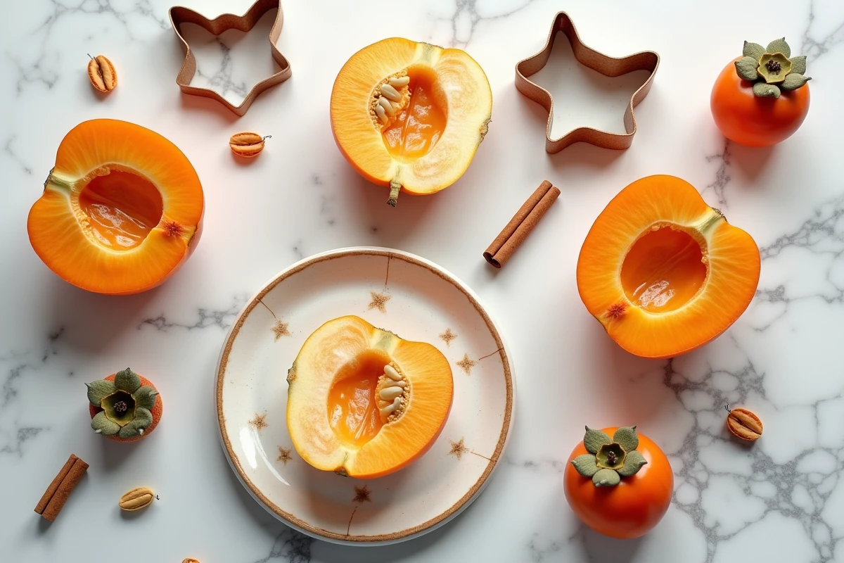 Vue de dessus d'une composition culinaire familiale avec des kakis coupés et des emporte-pièces en bois pour enfants sur un marbre blanc