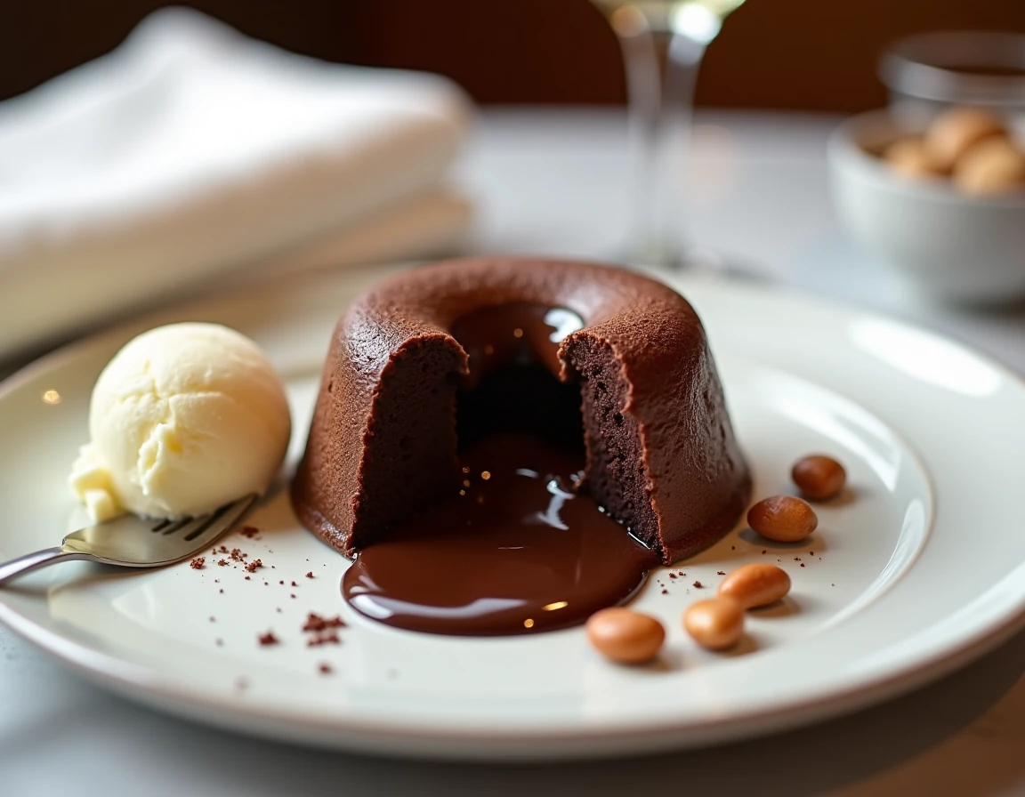 Fondant au chocolat coulant tranché avec glace vanille et noisettes sur une assiette de restaurant élégante
