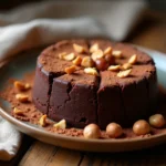 Fondant au chocolat avec éclats de noisettes grillées sur une assiette en céramique rustique, vue en plongée légère