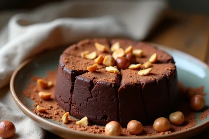 Fondant au chocolat avec éclats de noisettes grillées sur une assiette en céramique rustique, vue en plongée légère