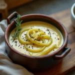 Bol de fondue de poireaux crémeuse maison servi dans une vaisselle rustique sur table en bois