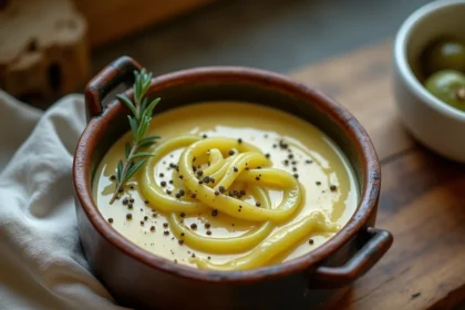 Bol de fondue de poireaux crémeuse maison servi dans une vaisselle rustique sur table en bois