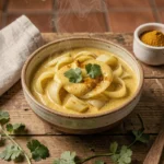 Bol en céramique rustique rempli de fondue de poireaux au curry dorée, garnie de coriandre fraîche sur une table en chêne