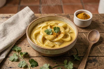 Bol en céramique rustique rempli de fondue de poireaux au curry dorée, garnie de coriandre fraîche sur une table en chêne