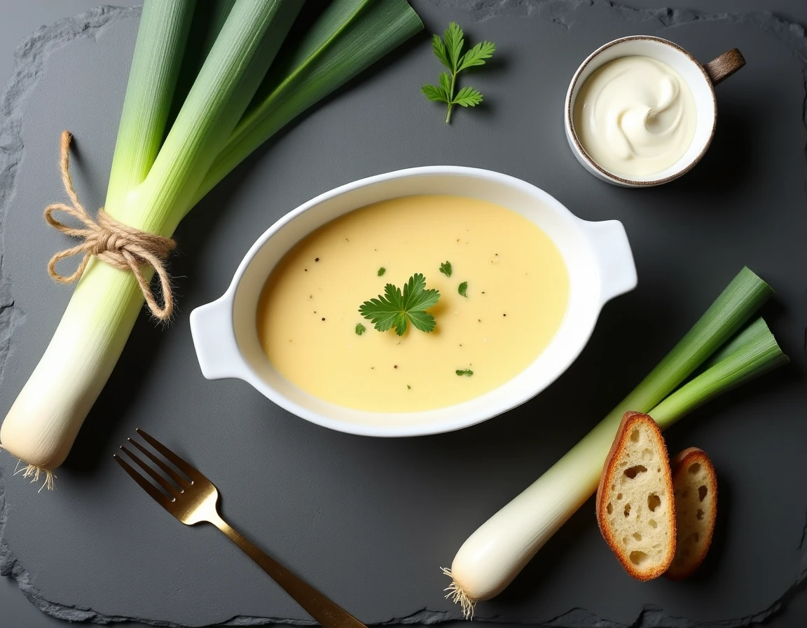 Vue de dessus de fondue de poireaux crémeuse avec ingrédients frais sur ardoise grise, style magazine culinaire