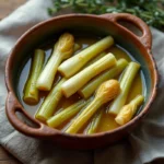Fondue de poireaux légère servie dans un bol en céramique rustique sur une table en bois, garnie de thym frais