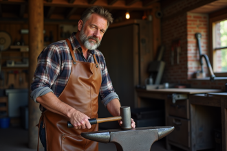 Forgeron homme au travail dans un atelier rustique
